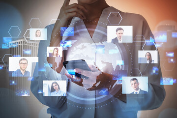 Businesswoman with phone and people video chat online, earth globe and finance