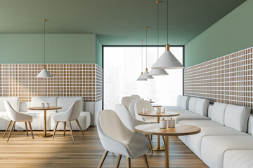 Modern cafe interior with wooden tables and sofa in row, panoramic windows