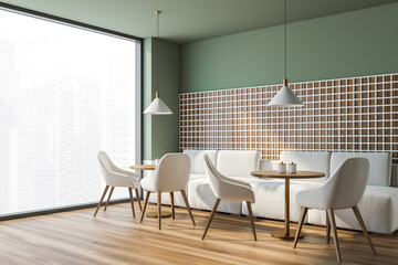 Modern cafe interior with wooden table and chairs, panoramic windows