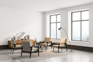 Naklejka na ściany i meble White living room interior with armchairs and concrete floor, mockup