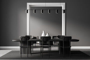 Dark living room interior with arch, table and six chairs