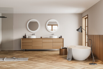 Naklejka na ściany i meble Bathroom interior with two sinks and bathtub with lamp