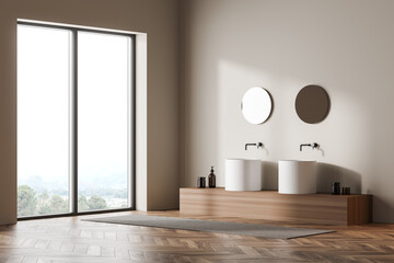 Bright bathroom interior with panoramic window with countryside view