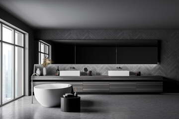 Bathroom interior with bathtub, sinks and and windows on skyscrapers