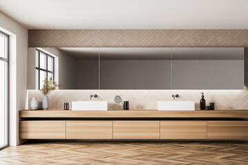 Wooden bathroom interior with two separate sinks and windows