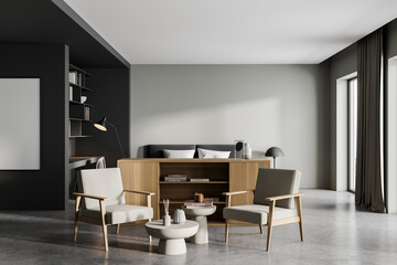 Light bedroom interior with armchairs and bed on concrete floor, mockup poster