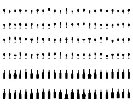 Silhouettes of pitchers, glasses and bottles on a white background