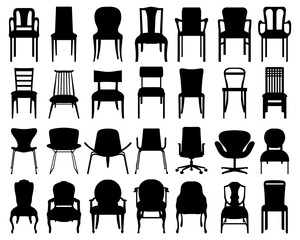 Black silhouettes of different chairs on a white background - obrazy, fototapety, plakaty