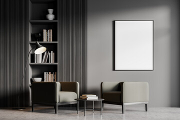 Grey living room interior with armchairs, bookshelf and poster mock up