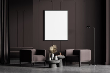 Modern living room interior with concrete floor, furniture, table and armchairs. Home architecture concept. A poster canvas on white wall. Mock up. No people.