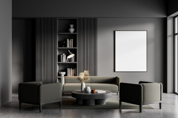 Grey living room interior with sofa and armchairs, bookshelf and poster mock up