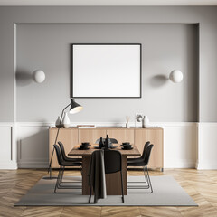 Light dining room interior with minimalist furniture, mockup poster