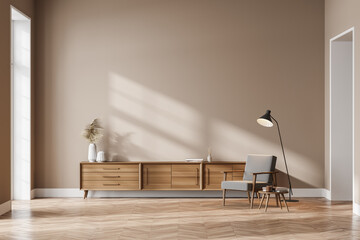 Living room interior with cozy armchair, panoramic window and sideboard © ImageFlow