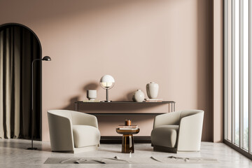 Pink living room interior with rack and two armchairs on concrete floor, mockup