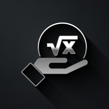 Silver Square root of x glyph icon isolated on black background. Mathematical expression. Long shadow style. Vector