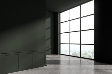 Modern living room interior with concrete floor. Home architecture renovation concept. Empty mock up green copy space wall. No people.