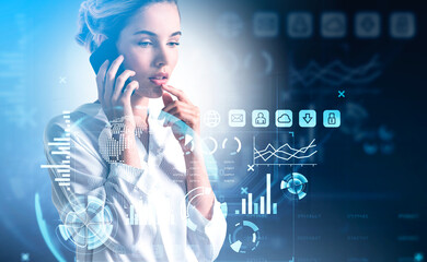 Businesswoman with phone in hands, hologram of earth globe and digital icons