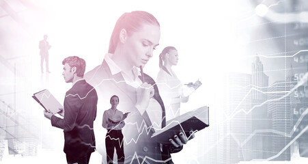 Business people teamwork and paper reports, graph lines changes and people