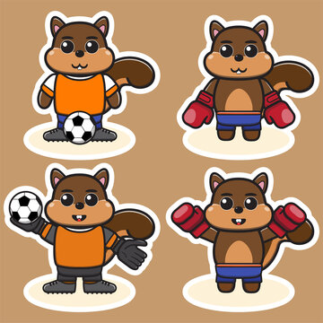 Vector illustration of cute Squirrel Boxing and Football cartoon. Cute Squirrel expression character design bundle. Good for icon, logo, label, sticker, clipart.