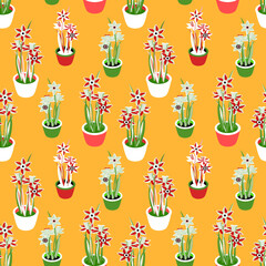 Fototapeta premium Daffodiles in pot, vector seamless pattern.