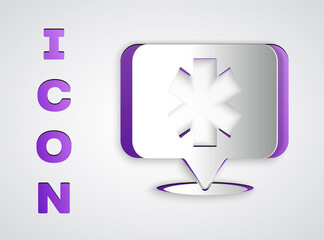 Paper cut Medical symbol of the Emergency - Star of Life icon isolated on grey background. Paper art style. Vector