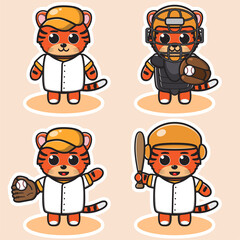Vector illustration of cute Tiger Baseball cartoon. Cute Tiger expression character design bundle. Good for icon, logo, label, sticker, clipart.