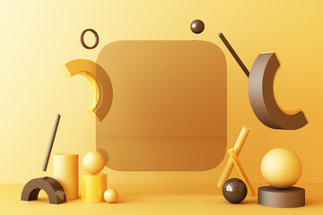 Mock up composition of geometric shape gold and glass texture with yellow color podium for product design, 3d rendering, 3d illustration