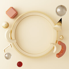 Mock up composition of geometric shape gold and glass texture with brown cream color podium for product design, 3d rendering, 3d illustration