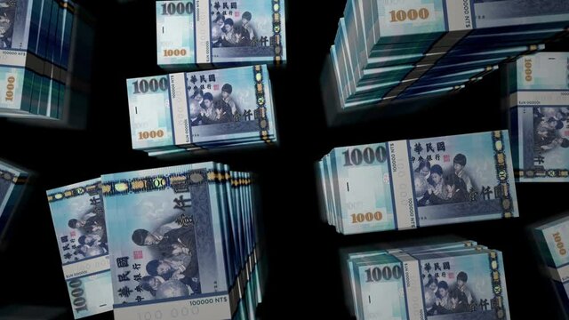 Taiwan Dollar money pack loop. Flight over TWD banknotes stacks top view. 3d loopable seamless animation. Abstract background concept of success, economy, crisis, business, recession, debt, finance.