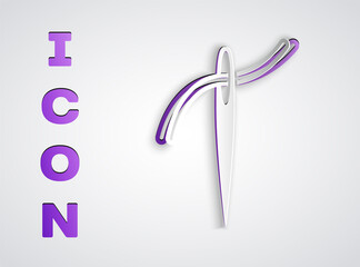 Paper cut Needle for sewing with thread icon isolated on grey background. Tailor symbol. Textile sew up craft sign. Embroidery tool. Paper art style. Vector