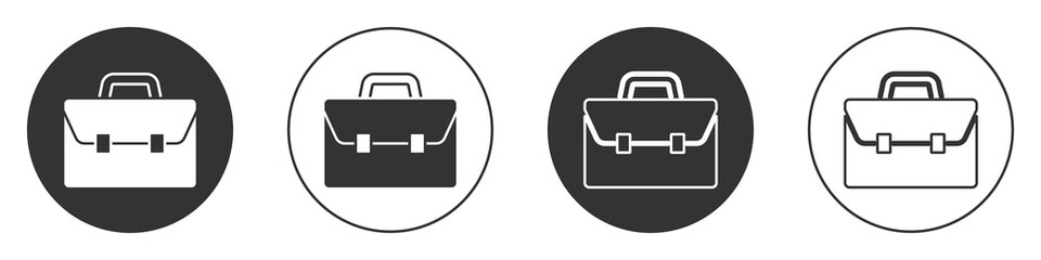 Black Briefcase icon isolated on white background. Business case sign. Business portfolio. Circle button. Vector