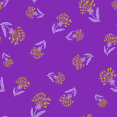 Random seamless field pattern with orange dandelion doodle print. Purple background. Natural style.