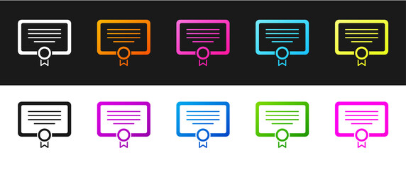 Set Certificate template icon isolated on black and white background. Achievement, award, degree, grant, diploma. Business success certificate. Vector