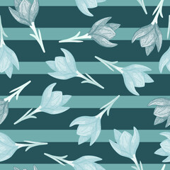 Random seamless nature botanic pattern with blue crocus flower elements. Striped background. Bloom spring print.