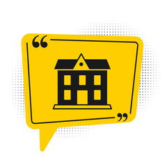 Black School building icon isolated on white background. Yellow speech bubble symbol. Vector