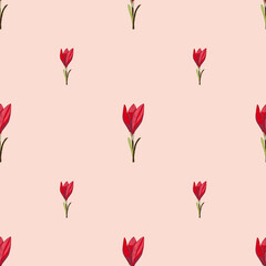 Red botanic crocus flower silhouettes seamless doodle pattern. Pastel pink background. Doodle backdrop.