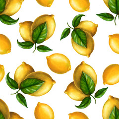 Pattern with lemons and green leaves, stock illustration on a white background, in vintage style, acrylic paints, picture, clipart, template