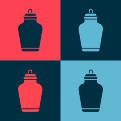 Pop art Funeral urn icon isolated on color background. Cremation and burial containers, columbarium vases, jars and pots with ashes. Vector
