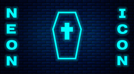 Glowing neon Coffin with christian cross icon isolated on brick wall background. Happy Halloween party. Vector