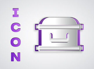 Paper cut Coffin with christian cross icon isolated on grey background. Happy Halloween party. Paper art style. Vector