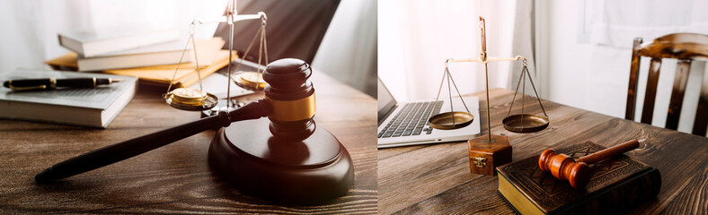 Business and lawyers discussing contract papers with brass scale on desk in office. Law, legal...
