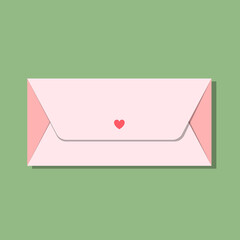 Pink long closed envelope with red heart sing. Love letter on Valentines day and not only. With shadow, isolated on green background. Romantic, cozy pastel colours. Vector illustration, trendy style.