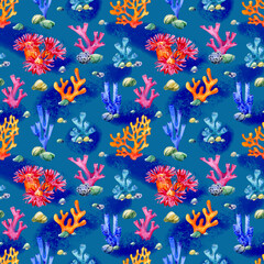 Fototapeta na wymiar Watercolor underwater pattern. Sea plants, seaweed, corals and stones on a dark blue background. 