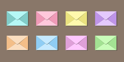 Set of eight closed envelopes. Turquoise, pink, yellow, violet, orange, blue, purple and green. Cozy pastel colours, delicate shadows. Isolated on brown background. Vector illustration 