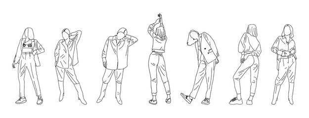 Group of girls posing in fashionable clothes. Black outline. Vector illustration.