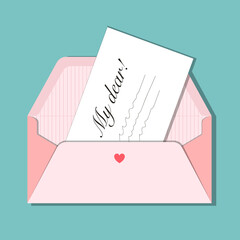 Pink opened envelope with message My dear... Love letter on Valentines day and not only. With shadow, isolated on blue background. Vector illustration, trendy style, romantic and cozy pastel colours