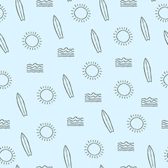 Summer beach seamless pattern with sun waves surfboard Ocean symbol Hand drawn sketch elements Cartoon children's style Fashion print clothes apparel greeting invitation card cover flyer poster banner