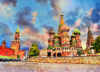 The amazing colorful sky with Moscow Kremlin and Saint Basil's Cathedral on Red Square, which is the most popular tourist attraction in Moscow, Russia.- Water Colour