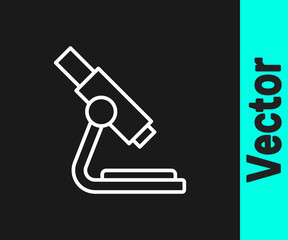 White line Microscope icon isolated on black background. Chemistry, pharmaceutical instrument, microbiology magnifying tool. Vector