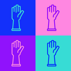 Fototapeta premium Pop art line Medical rubber gloves icon isolated on color background. Protective rubber gloves. Vector